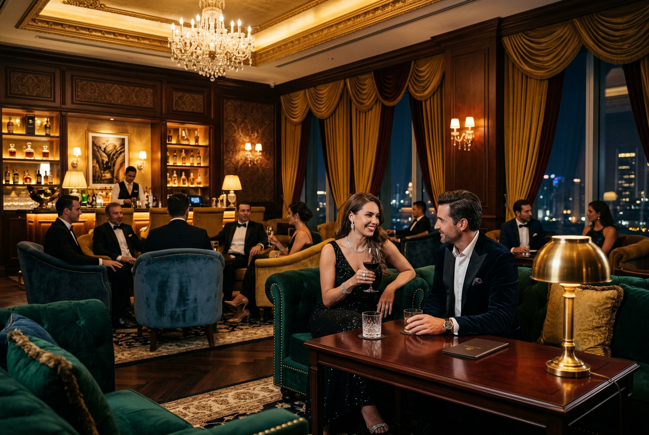 Eleganckie wnętrze salonu VIP w kasynie z luksusowymi meblami.