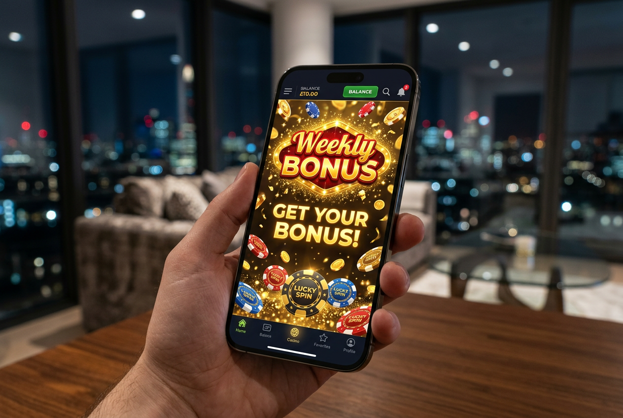 Smartfon wyświetlający powiadomienie o cotygodniowym bonusie w kasynie