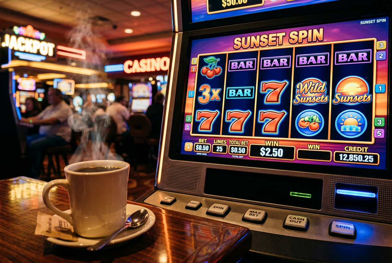 A close-up of a digital slot machine screen with vibrant graphics and a cup of coffee nearby.