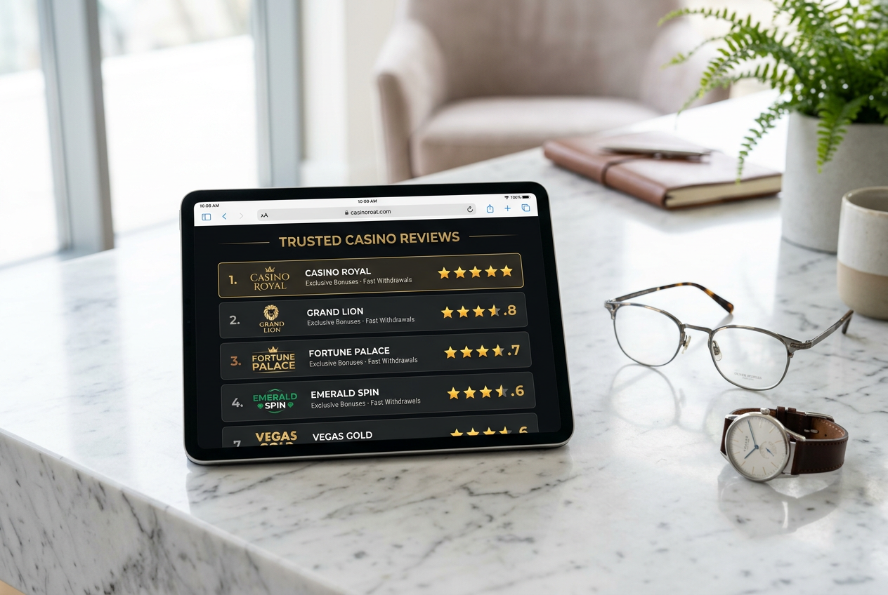 A luxury tablet showing a ranking of elite online casinos.